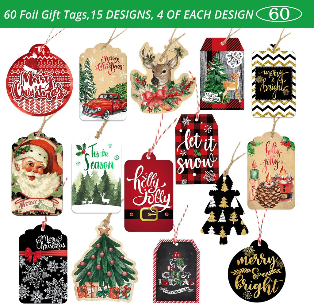  Christmas Tags for Gifts with Untied String 60 Count(15  Assorted Glitter, Foil, Printed Designs for Xmas Holiday Present Wrapping)…  : Health & Household