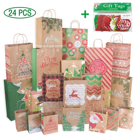 Party Funny 24 Kraft Christmas Gift Bags Assorted Sizes with 60-Count Christmas Gift Tags(Bulk Set,6 XL,6 Large,6 Medium,6 Small)